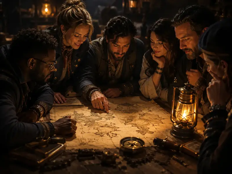 Social proof group exploring treasure map